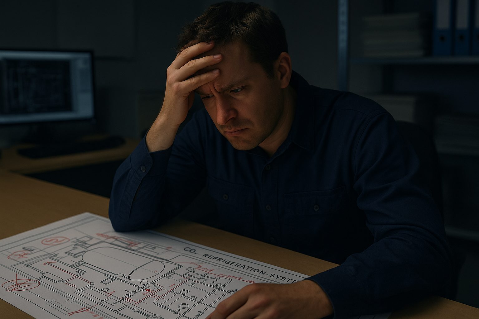 Two engineers looking frustrated while discussing a technical problem