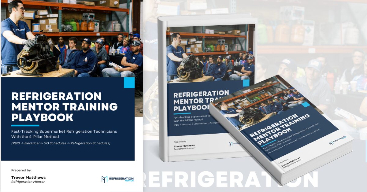 Cover image of the Refrigeration Mentor Training Playbook showing a professional refrigeration training layout